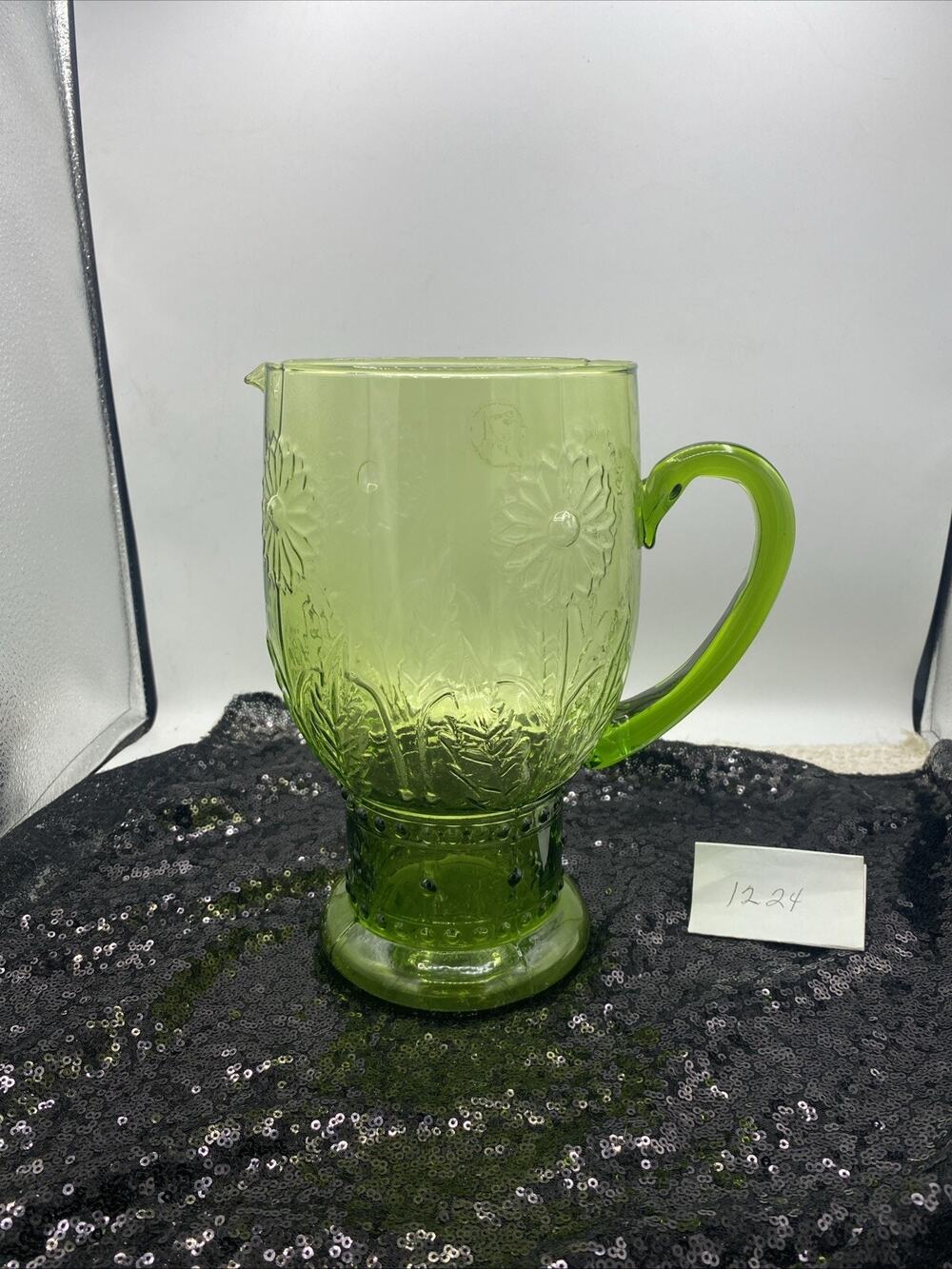 Vintage Exclusive Hand Made Glass AMICI Green Pedestal Pitcher Embossed Daisies